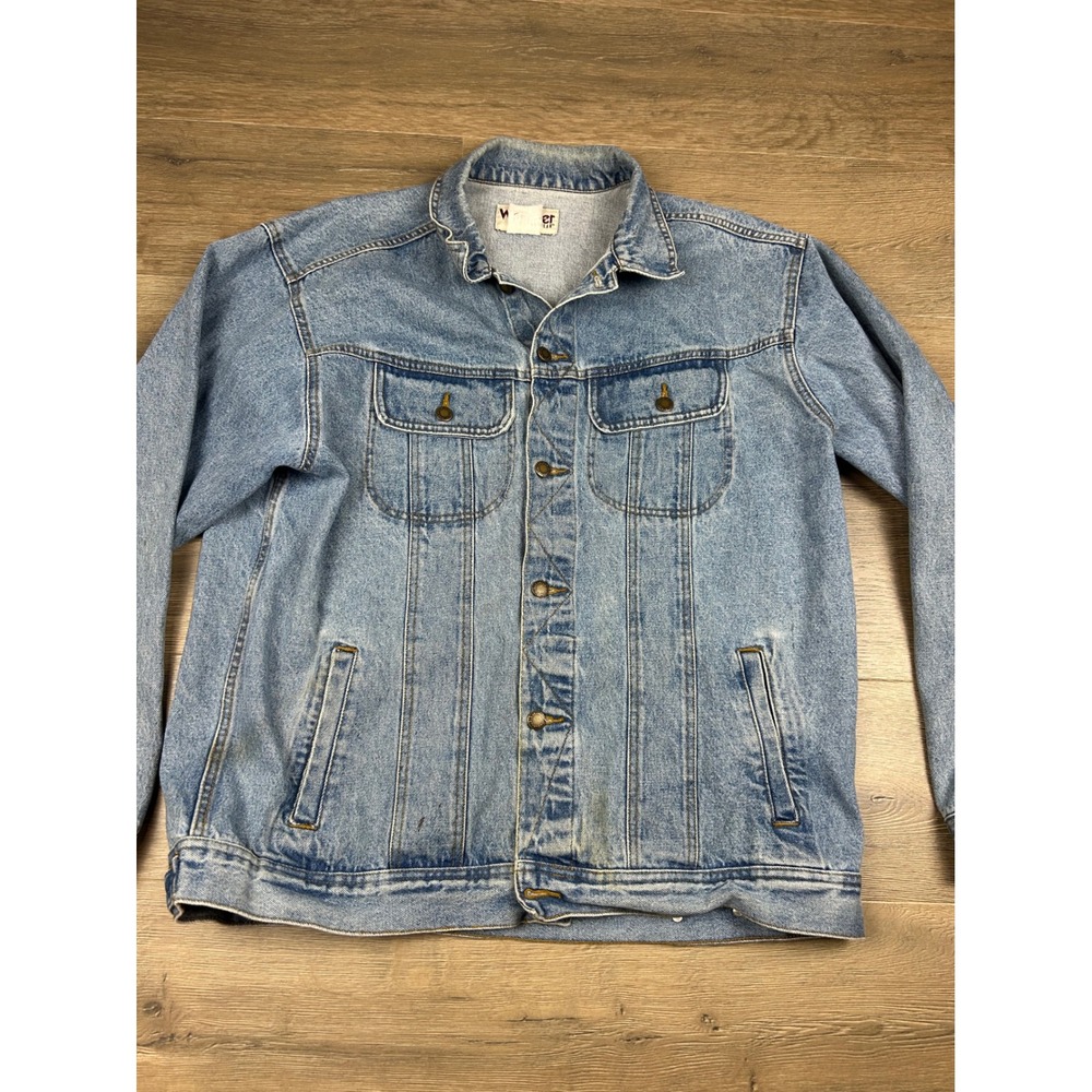 Vintage Wrangler Rugged Wear Denim Jacket Light Wash Thrashed Stained Mens XL